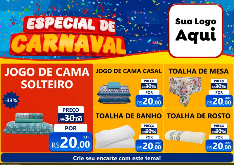 Modelo de Encarte para Encarte A4 Horizontal com o tema Especial de Carnaval para Cama, Mesa e Banho