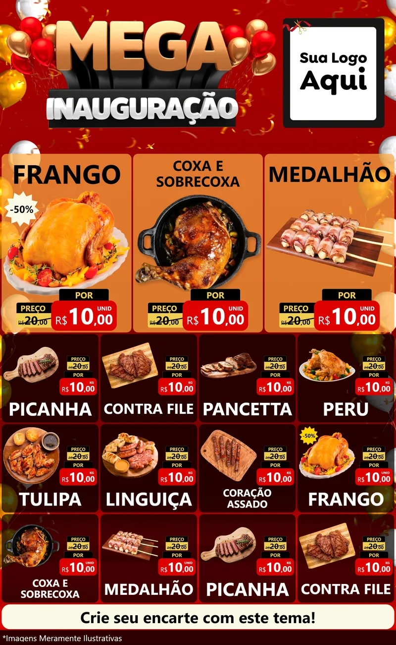 Modelo de Encarte para Encarte Grande com o tema Mega Inauguração para Assados