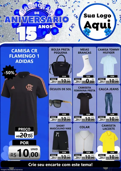 Modelo de Encarte para Encarte A4 Vertical com o tema Promoção de Aniversário - 15 Anos para Roupas e acessórios