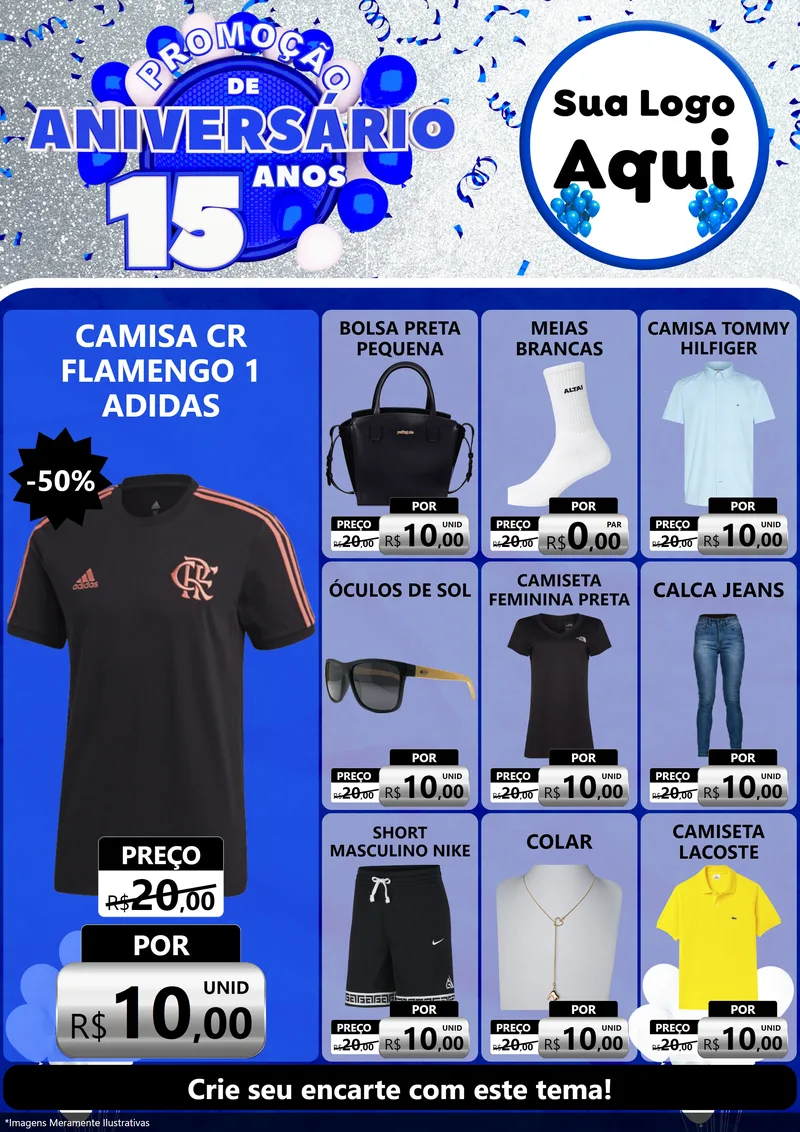 Modelo de Encarte para Encarte A4 Vertical com o tema Promoção de Aniversário - 15 Anos para Roupas e acessórios