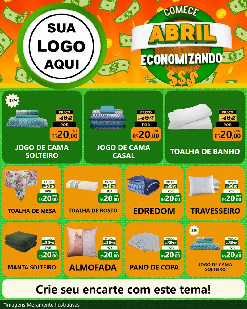 Modelo de Rede Social para Feed Instagram com o tema Comece Abril Economizando para Cama, Mesa e Banho