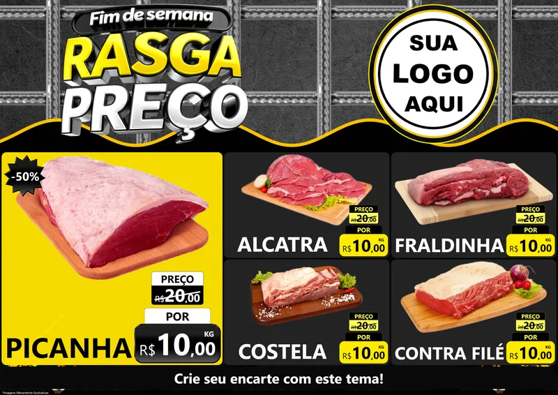 Modelo de Encarte para Encarte A4 Horizontal com o tema Fim de Semana Rasga Preço para Açougue