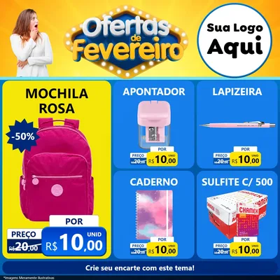 Modelo de Rede Social para Feed Facebook com o tema Ofertas de Fevereiro para Papelaria