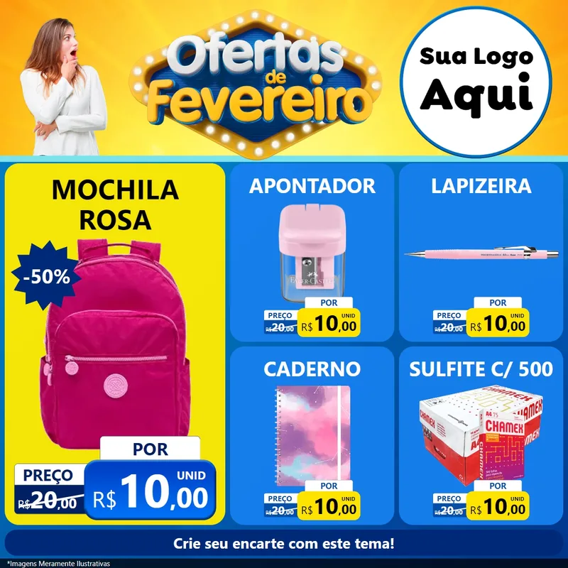 Modelo de Rede Social para Feed Facebook com o tema Ofertas de Fevereiro para Papelaria