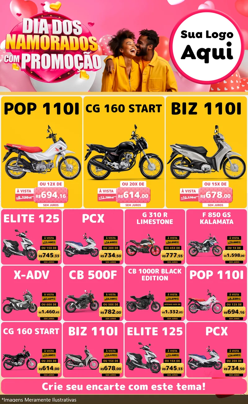 Modelo de Encarte para Encarte Grande com o tema Dia dos Namorados com Promoção para Concessionaria de Motos