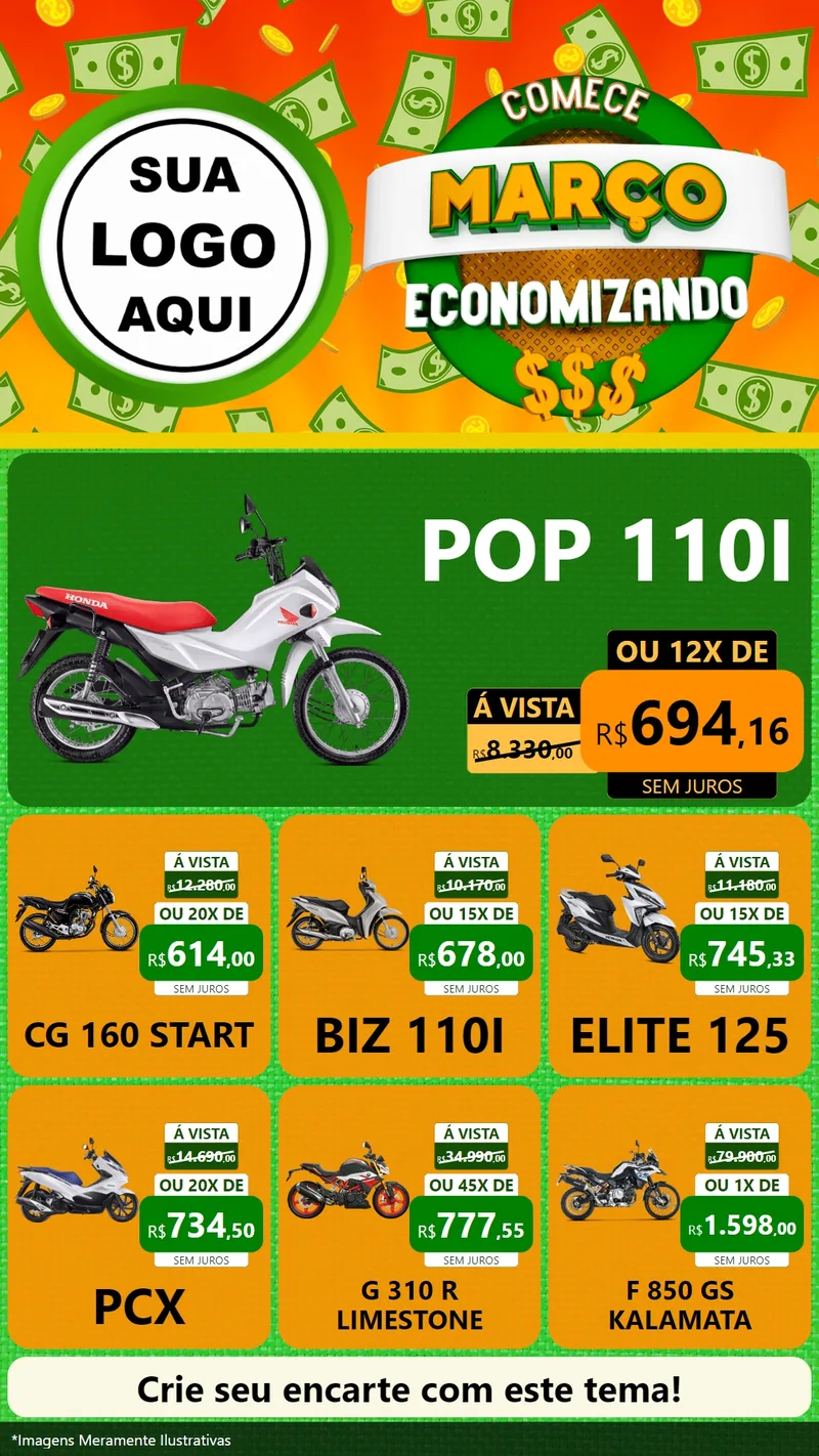 Modelo de Rede Social para Stories com o tema Comece Março Economizando para Concessionaria de Motos