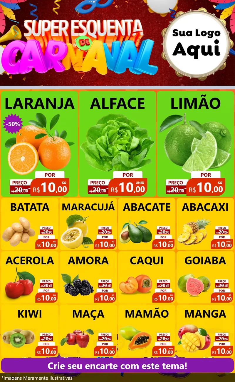Modelo de Encarte para Encarte Grande com o tema Super Esquenta de Carnaval para Hortifrúti