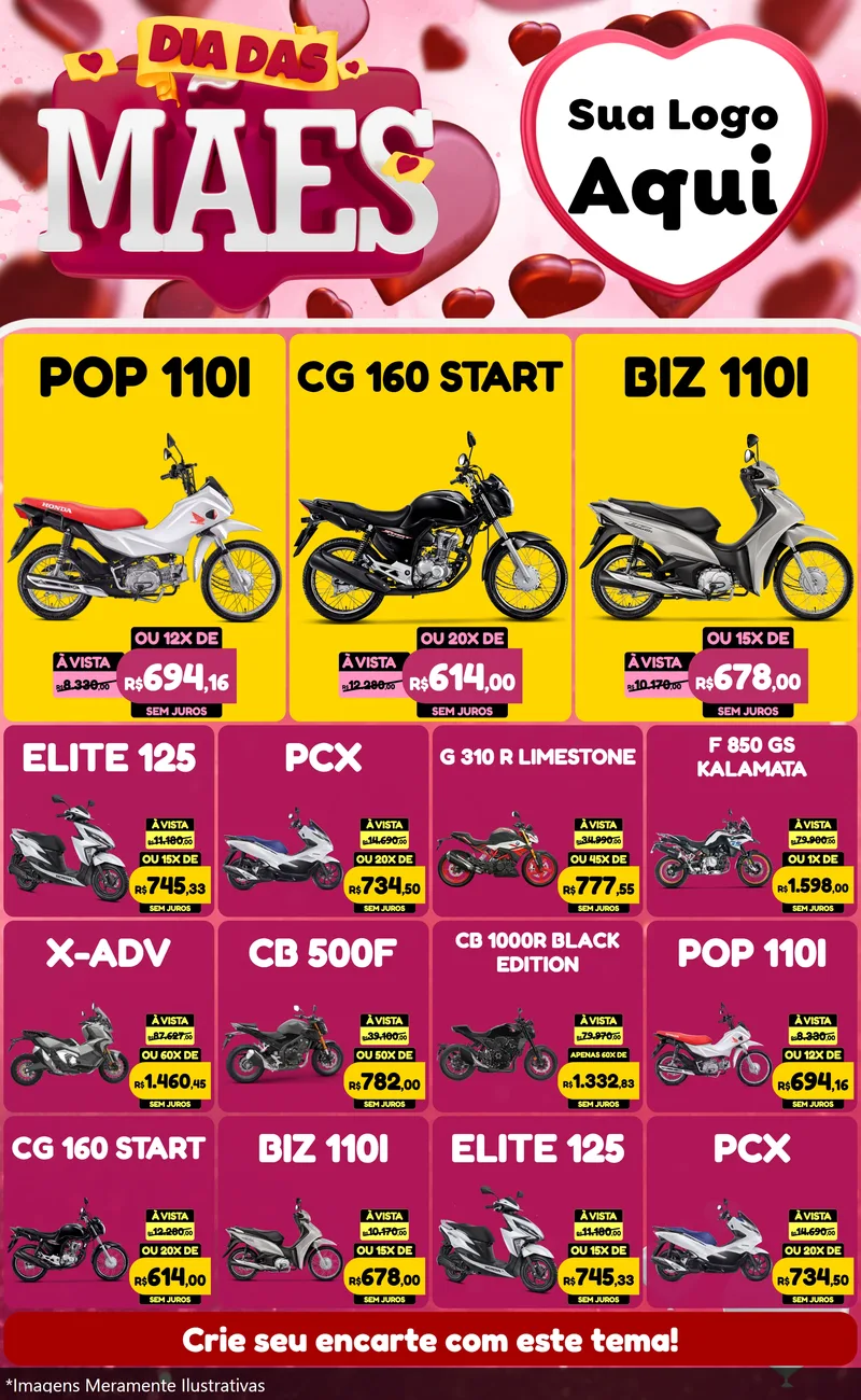 Modelo de Encarte para Encarte Grande com o tema Dia Das Mães para Concessionaria de Motos