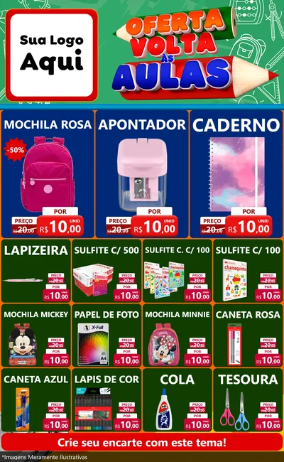 Modelo de Encarte para Encarte Grande com o tema Oferta Volta Às Aulas para Papelaria