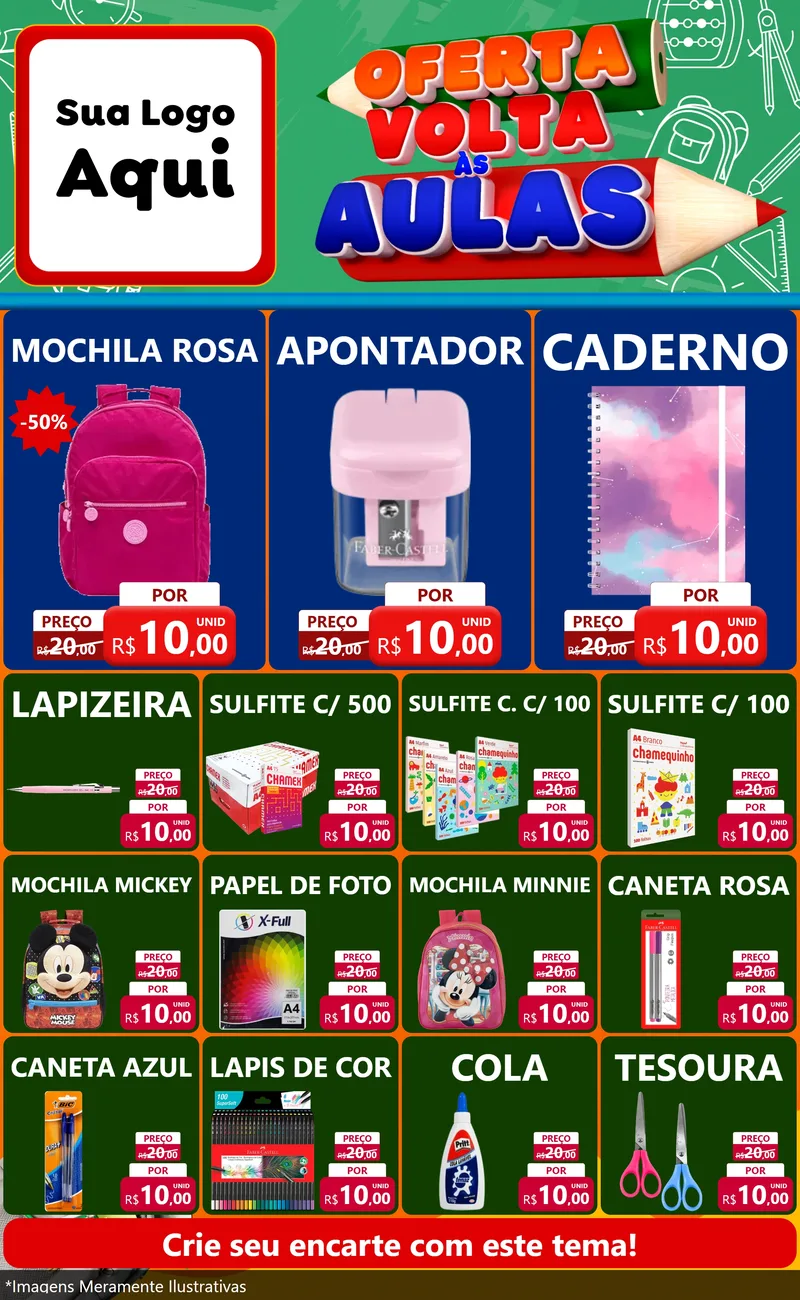 Modelo de Encarte para Encarte Grande com o tema Oferta Volta Às Aulas para Papelaria