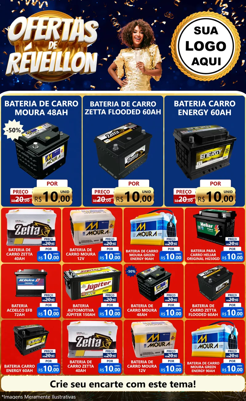 Modelo de Encarte para Encarte Grande com o tema Ofertas de Réveillon para Baterias Elétricas
