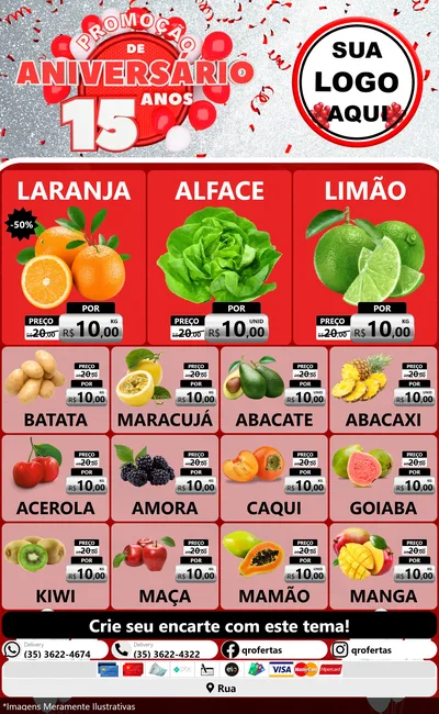 Modelo de Encarte para Encarte Grande com o tema Promoção de Aniversário - 15 Anos para Hortifrúti