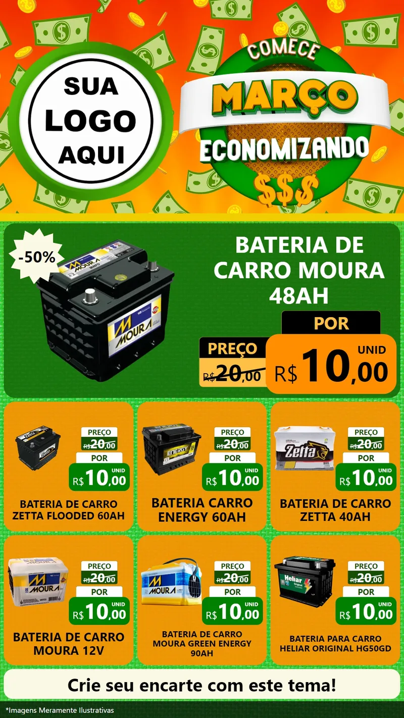 Modelo de Rede Social para Stories com o tema Comece Março Economizando para Baterias Elétricas