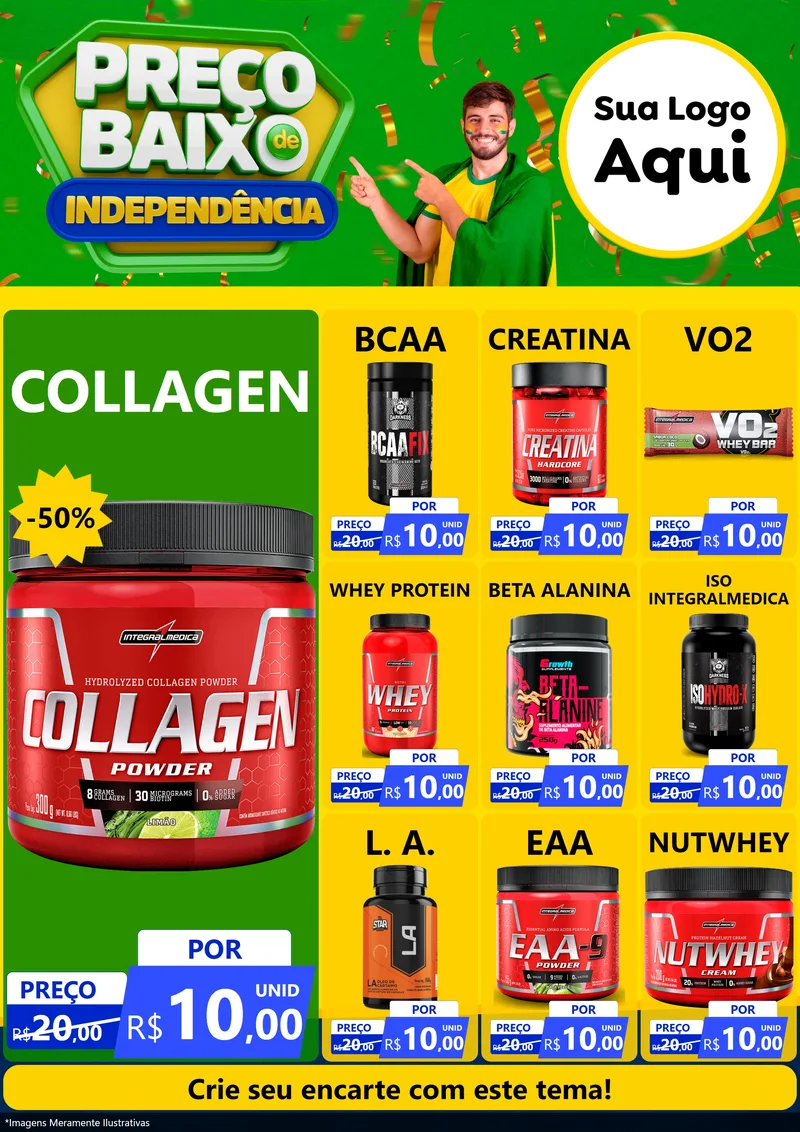 Modelo de Encarte para Encarte A4 Vertical com o tema Preço Baixo de Independência para Suplementos alimentares