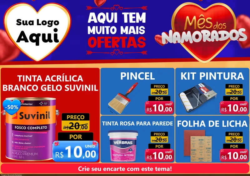 Modelo de Encarte para Encarte A4 Horizontal com o tema Mês dos Namorados para Tintas e Ferramentas