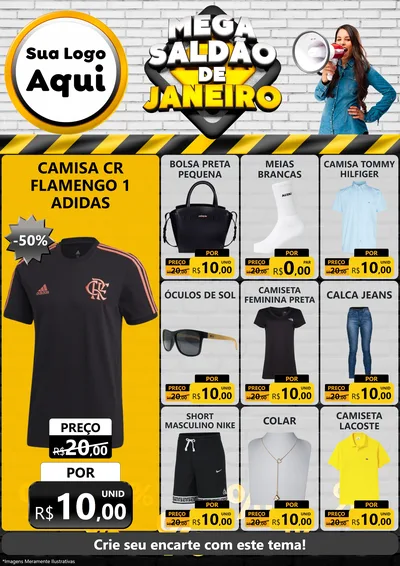Modelo de Encarte para Encarte A4 Vertical com o tema Mega Saldão de Janeiro para Roupas e acessórios