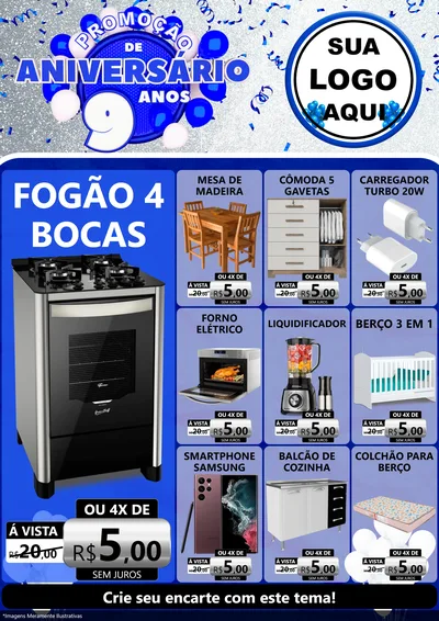 Modelo de Encarte para Encarte A4 Vertical com o tema Promoção de Aniversário - 9 Anos para Móveis e Eletro
