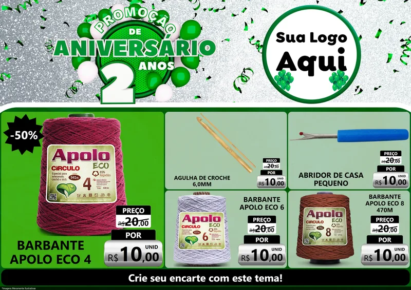 Modelo de Encarte para Encarte A4 Horizontal com o tema Promoção de Aniversário - 2 Anos para Armarinho e Aviamentos
