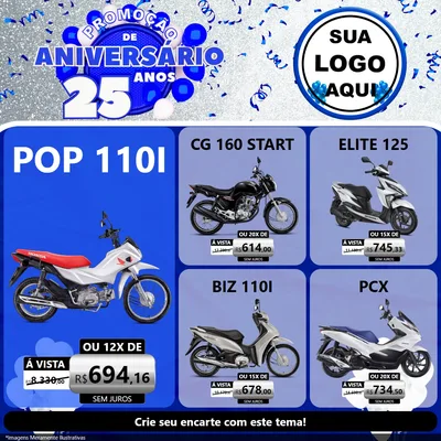 Modelo de Rede Social para Feed Facebook com o tema Promoção de Aniversário - 25 Anos para Concessionaria de Motos