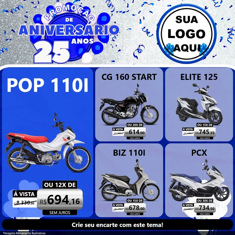 Modelo de Rede Social para Feed Facebook com o tema Promoção de Aniversário - 25 Anos para Concessionaria de Motos