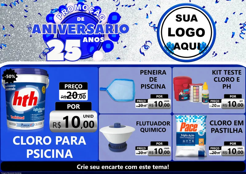 Modelo de Encarte para Encarte A4 Horizontal com o tema Promoção de Aniversário - 25 Anos para Produtos para Piscina