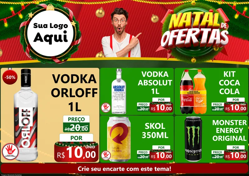 Modelo de Encarte para Encarte A4 Horizontal com o tema Natal de Ofertas para Distribuidora de bebidas