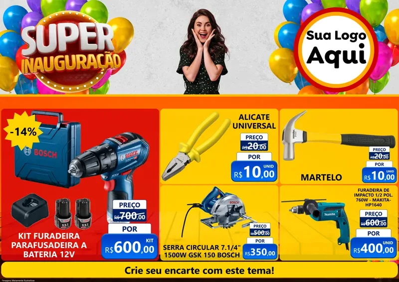 Modelo de Encarte para Encarte A4 Horizontal com o tema Super Inauguração para Maquinas e Ferramentas