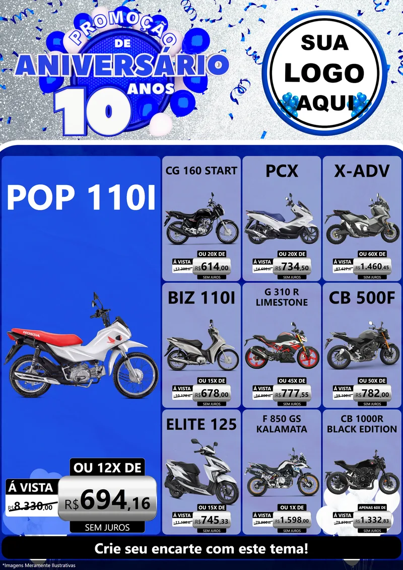 Modelo de Encarte para Encarte A4 Vertical com o tema Promoção de Aniversário - 10 Anos para Concessionaria de Motos
