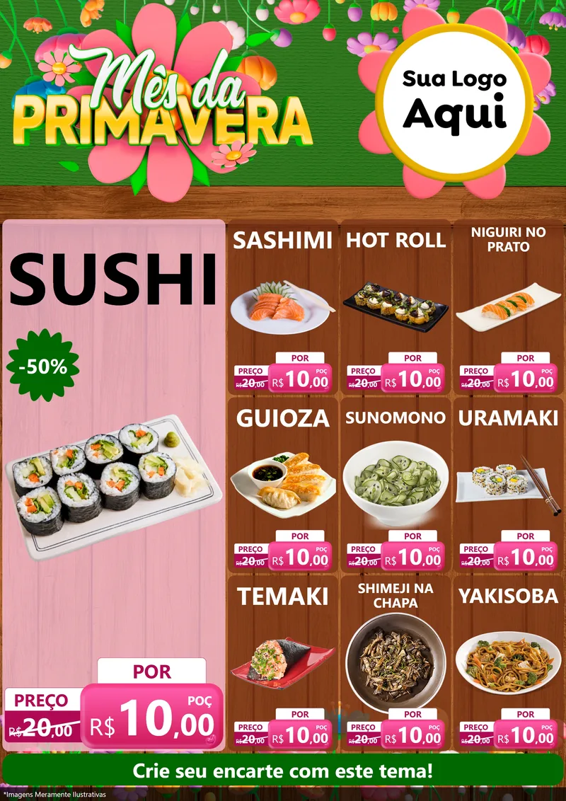 Modelo de Encarte para Encarte A4 Vertical com o tema Mês da Primavera para Comida japonesa