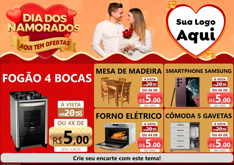 Modelo de Encarte para Encarte A4 Horizontal com o tema Dia dos Namorados - Aqui Tem Ofertas para Móveis e Eletro