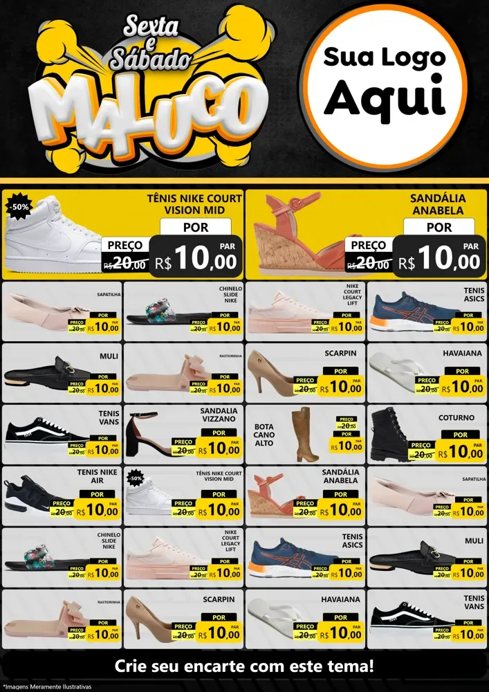 Modelo de Encarte para Encarte A4 Vertical com o tema Sexta e Sábado Maluco para Calçados