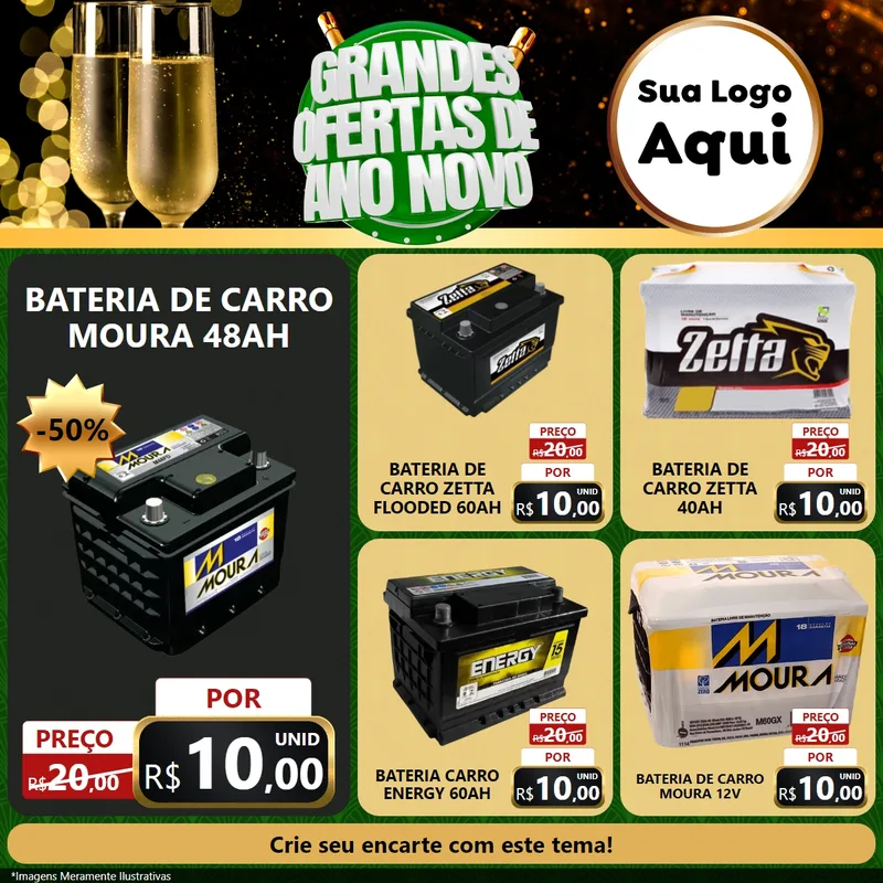 Modelo de Rede Social para Feed Facebook com o tema Grandes Ofertas de Ano Novo para Baterias Elétricas