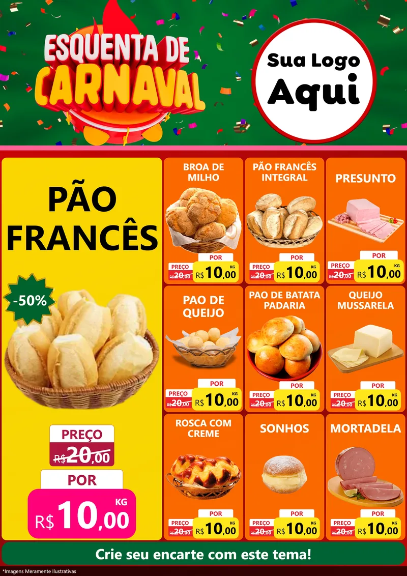 Modelo de Encarte para Encarte A4 Vertical com o tema Esquenta de Carnaval para Padaria