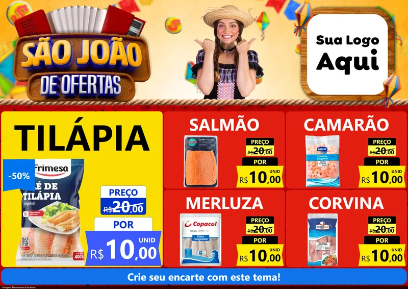 Modelo de Encarte para Encarte A4 Horizontal com o tema São João de Ofertas para Peixaria