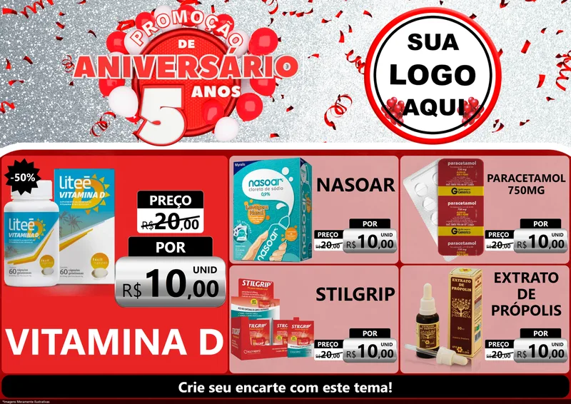 Modelo de Encarte para Encarte A4 Horizontal com o tema Promoção de Aniversário - 5 Anos para Farmácia