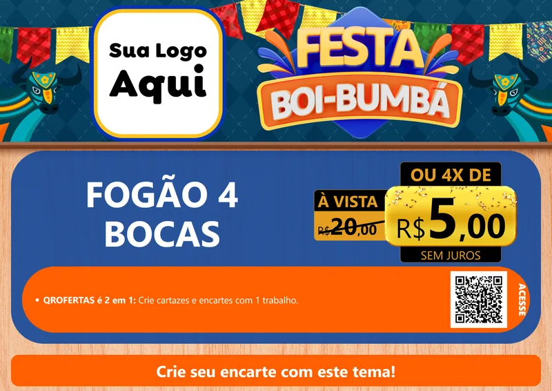 Modelo de Cartaz para Cartaz A4 Horizontal com o tema Festa Boi Bumbá para Móveis e Eletro