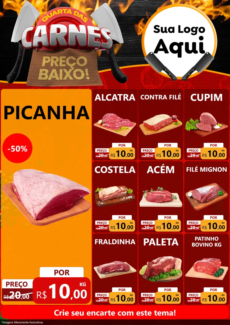 Modelo de Encarte para Encarte A4 Vertical com o tema Quarta das Carnes para Açougue