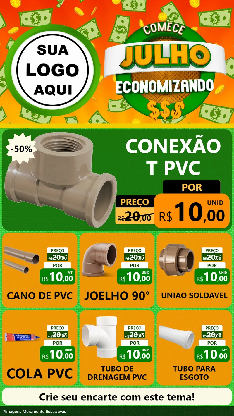 Modelo de Rede Social para Stories com o tema Comece Julho Economizando para Tubos e conexões