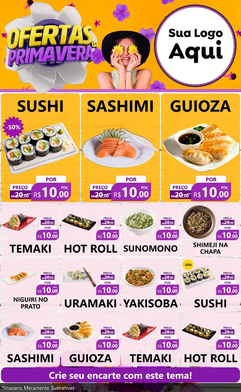 Modelo de Encarte para Encarte Grande com o tema Ofertas Da Primavera para Comida japonesa