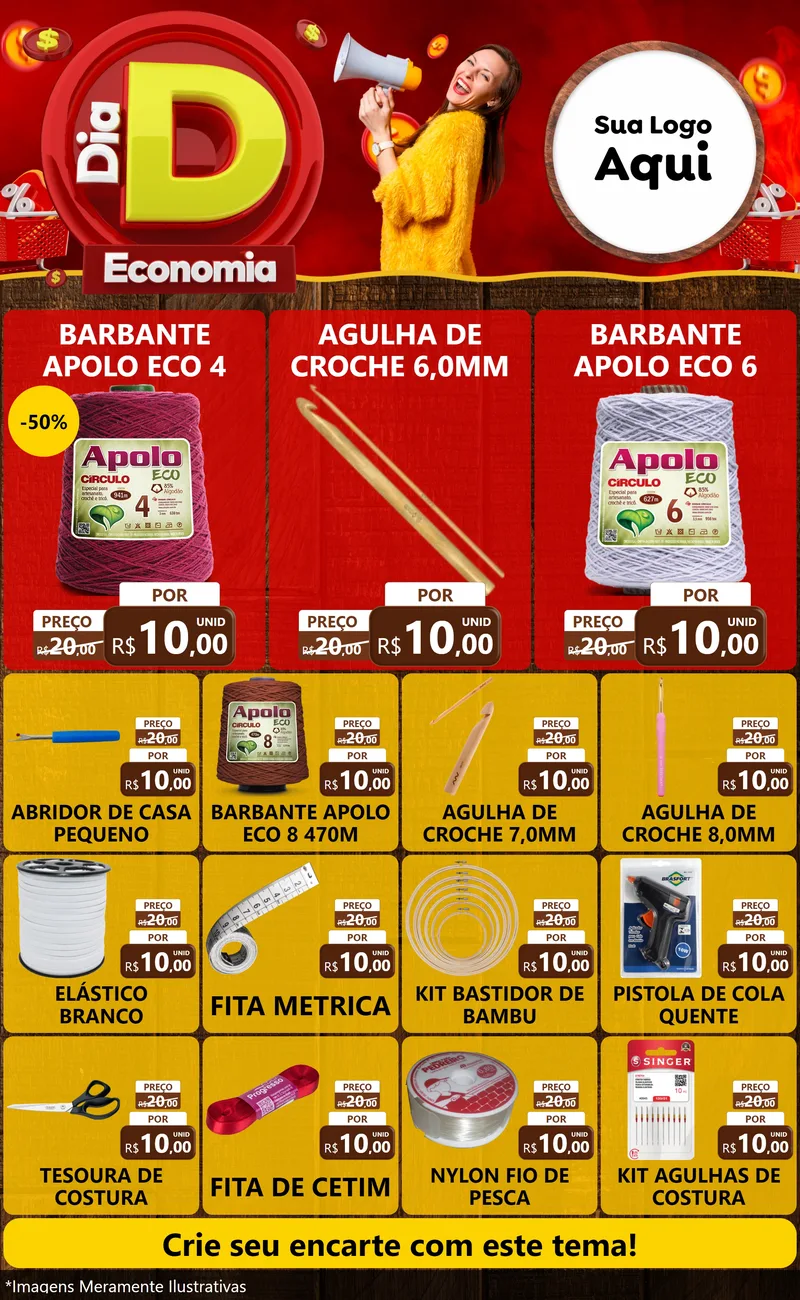 Modelo de Encarte para Encarte Grande com o tema Dia D Economia para Armarinho e Aviamentos
