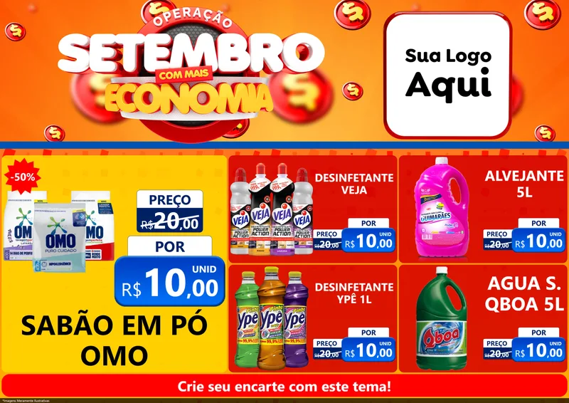 Modelo de Encarte para Encarte A4 Horizontal com o tema Operação Setembro Com Muita Economia para Produtos de Limpeza