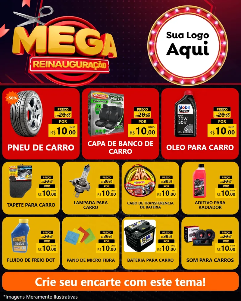 Modelo de Rede Social para Feed Instagram com o tema Mega Reinauguração para Auto peças
