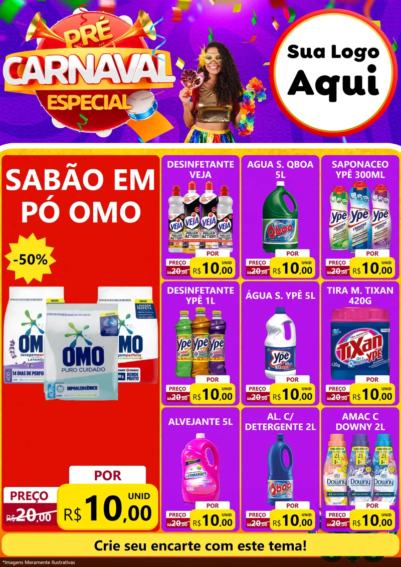 Modelo de Encarte para Encarte A4 Vertical com o tema Pré-Carnaval Especial para Produtos de Limpeza