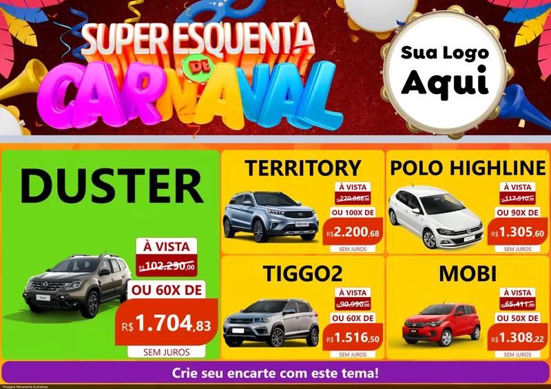 Modelo de Encarte para Encarte A4 Horizontal com o tema Super Esquenta de Carnaval para Concessionaria de Carros