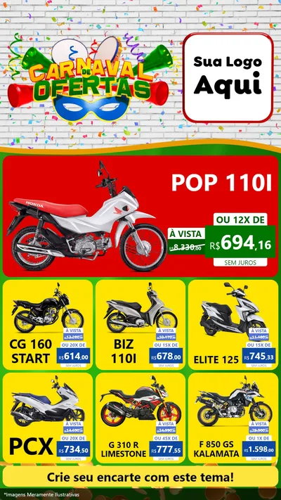 Modelo de Rede Social para Stories com o tema Carnaval de Ofertas para Concessionaria de Motos