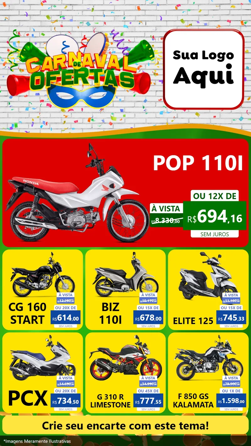 Modelo de Rede Social para Stories com o tema Carnaval de Ofertas para Concessionaria de Motos