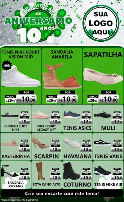 Modelo de Encarte para Encarte Grande com o tema Promoção de Aniversário - 10 Anos para Calçados