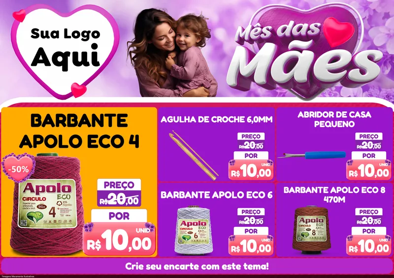 Modelo de Encarte para Encarte A4 Horizontal com o tema Mês das Mães para Armarinho e Aviamentos