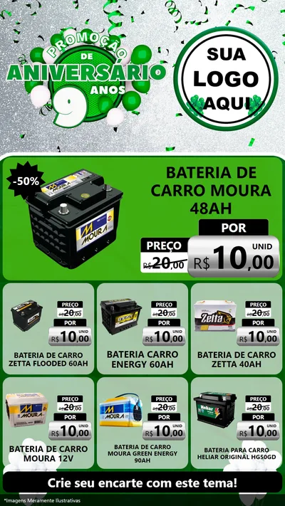 Modelo de Rede Social para Stories com o tema Promoção de Aniversário - 9 Anos para Baterias Elétricas
