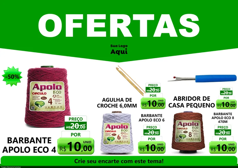 Modelo de Encarte para Encarte A4 Horizontal com o tema Ofertas Verde Cartaz para Armarinho e Aviamentos